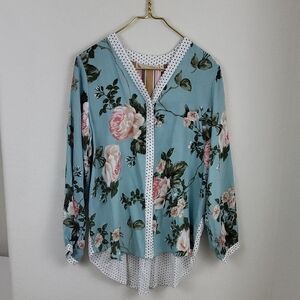 NWOT Soft Surroundings Blue Floral and Polka Dot Button Down Blouse Size Medium